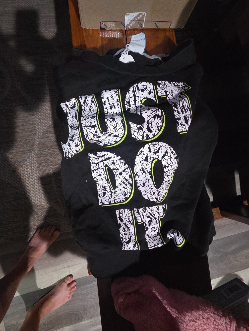Nike Kids Black Hoodie with White Cracked 'JUST DO IT' and Neon Green Outline